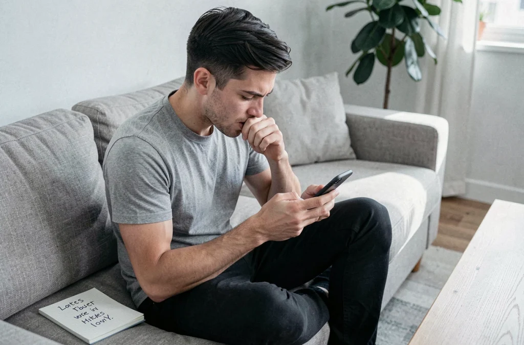Homme consultant des indices de jeu de mots sur smartphone sans se spoiler la solution