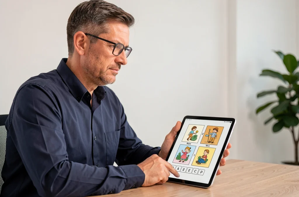 Homme consultant les solutions de 4 Images 1 Mot avec un mot de 9 lettres sur tablette