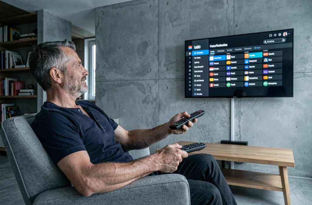Homme avec télécommande devant un guide des programmes TNT sur écran télé