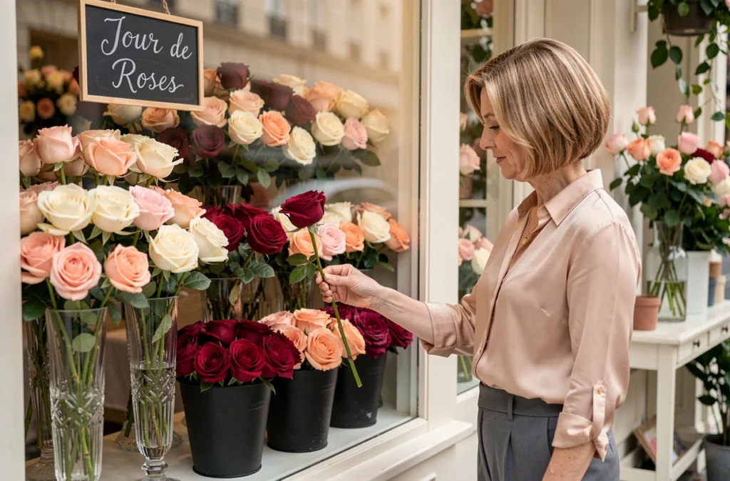 Vitrine raffinée de la boutique Jour de Roses avec des roses fraîches en nuances de rose et bordeaux dans des vases en cristal