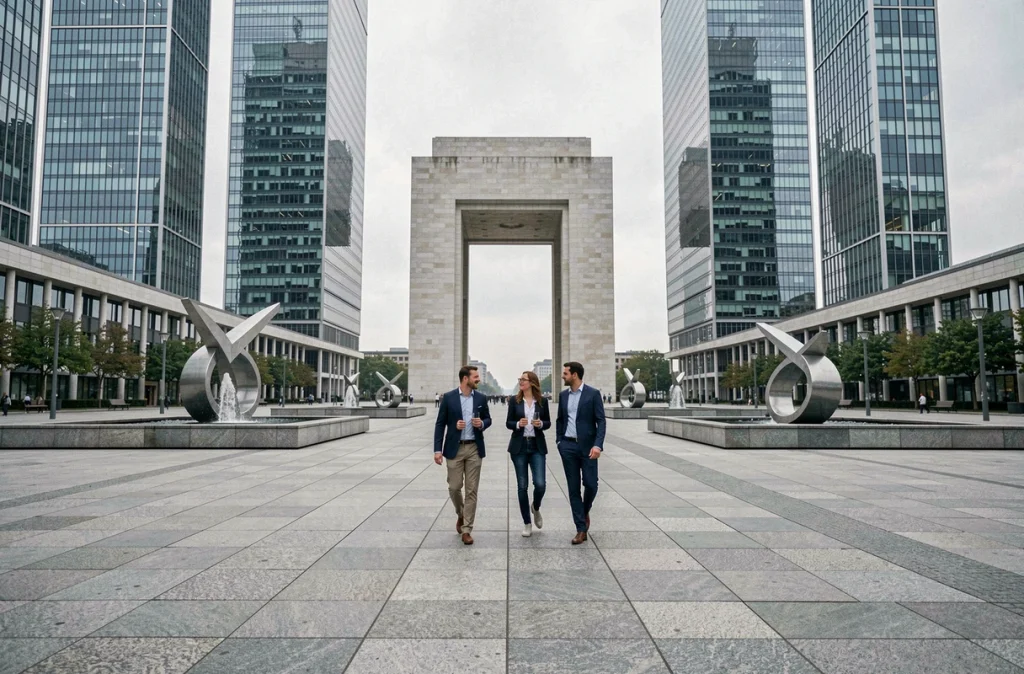 Quartier de La Défense dans la métropole du Grand Paris, gratte-ciels et esplanade de la Grande Arche illustrant l'expansion urbaine