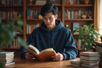 Jeune homme lisant un manga One Piece assis à un bureau en bois entouré de livres