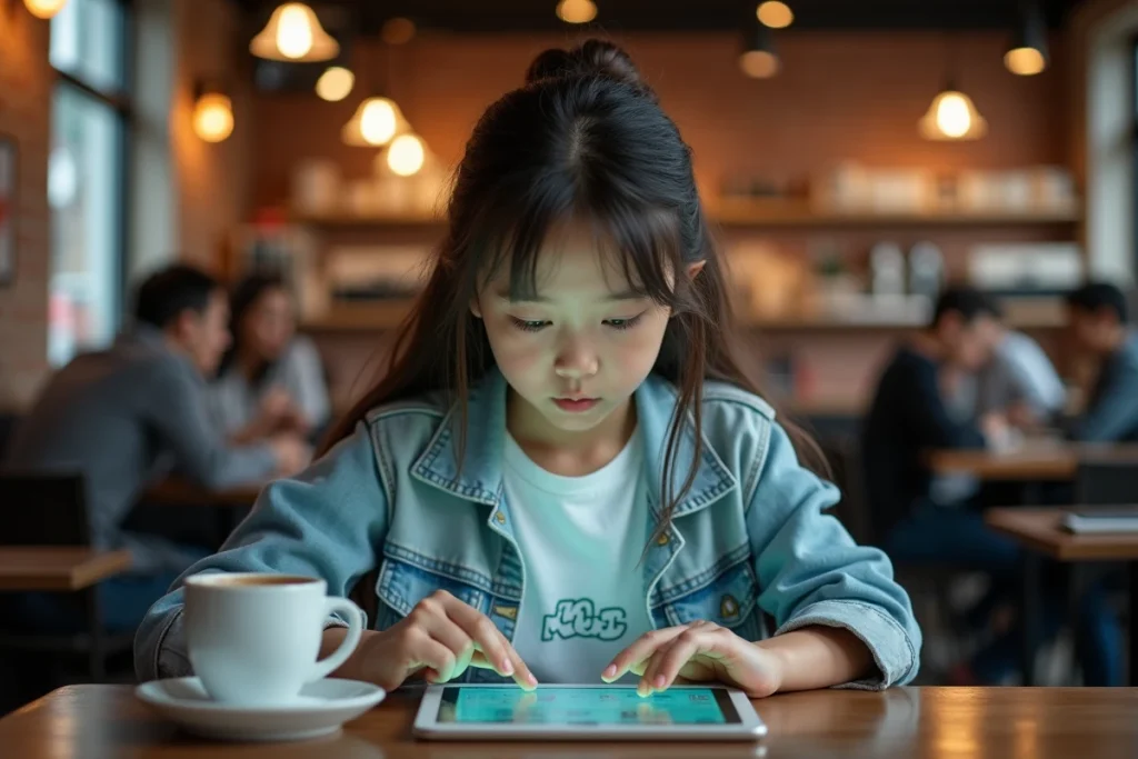 Adolescente lisant des scans de manga sur tablette dans un café moderne