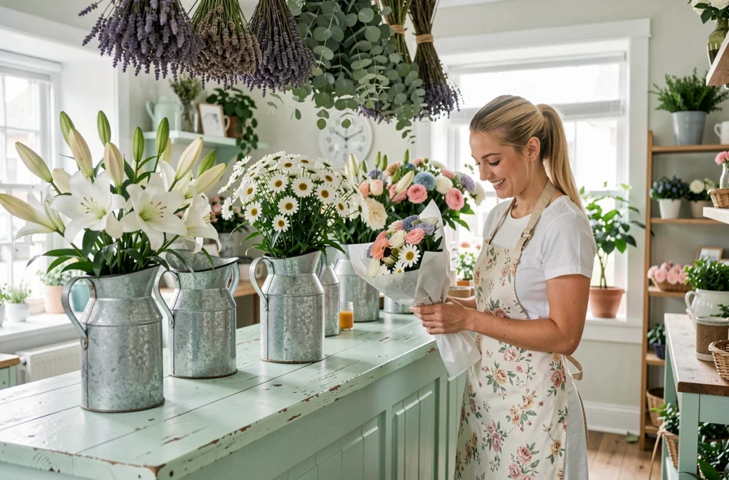 Intérieur lumineux de la boutique Lily & Daisies avec des lys et des marguerites dans des cruches émaillées vintage et un comptoir peint en vert menthe