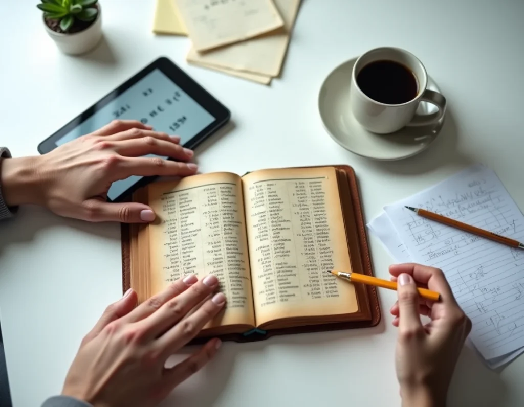 Mains feuilletant un livre de référence sur les chiffres romains à côté d'une tablette affichant un convertisseur numérique