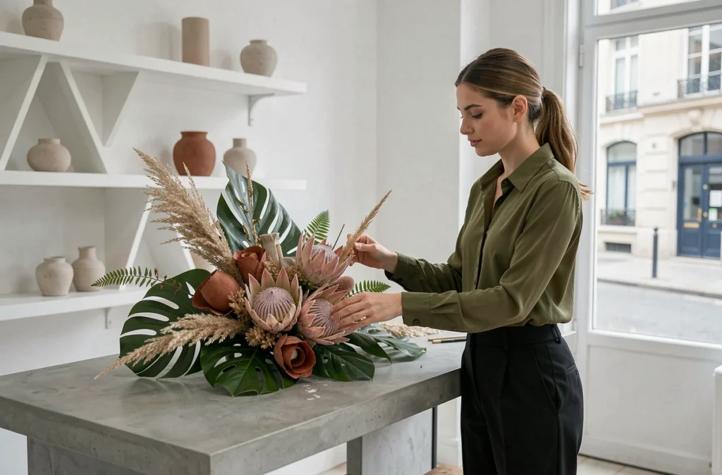 Designer florale créant une installation florale contemporaine avec des proteas et des feuilles tropicales dans le studio Maeko Design