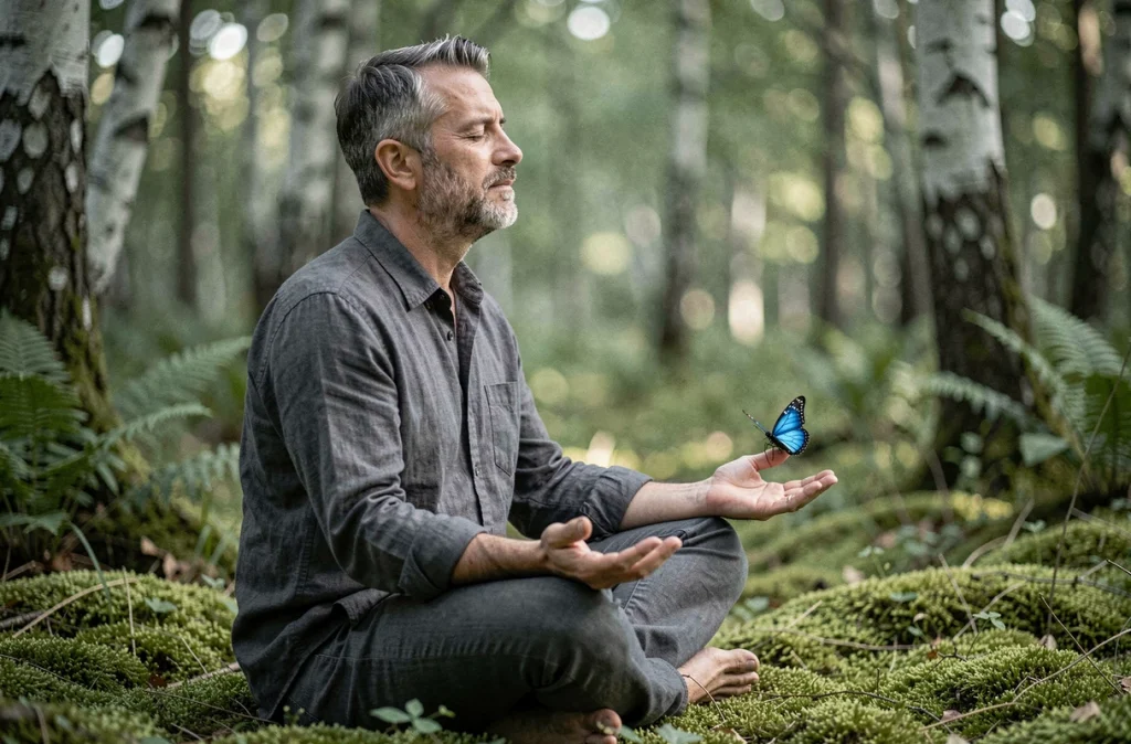 Homme méditant en forêt avec un papillon morpho bleu posé sur sa paume ouverte, illustrant l'invocation symbolique de la renaissance intérieure