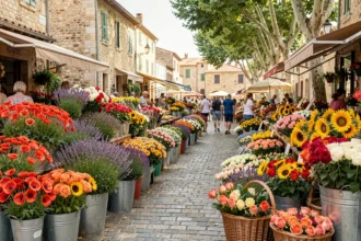 Marché aux fleurs coloré en plein air dans l'Aude avec des bouquets de saison disposés dans des seaux en zinc sur une rue pavée