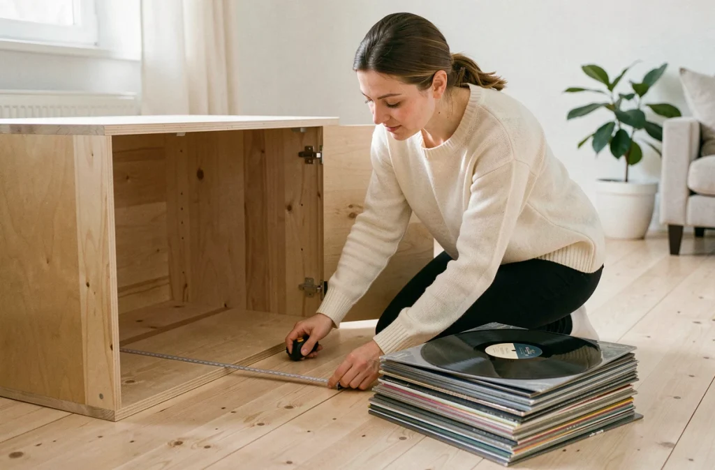Femme mesurant un meuble de rangement pour vérifier les dimensions adaptées aux disques vinyles dans un salon scandinave