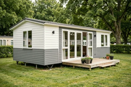 Mobil-home neuf moderne installé sur un terrain de camping verdoyant avec terrasse en bois
