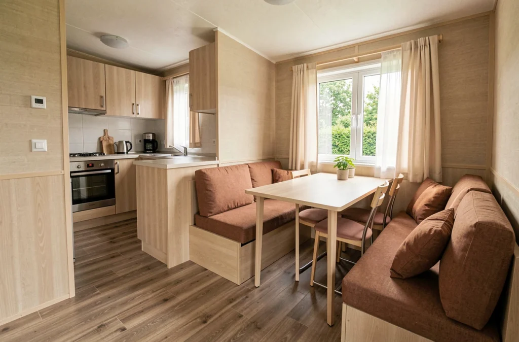 Intérieur moderne d'un mobil-home neuf avec cuisine équipée, salon et coin repas