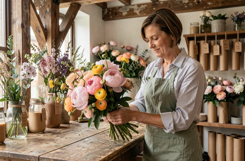 Muriel Baillet fleuriste attachant un bouquet généreux de pivoines et renoncules dans sa boutique artisanale aux poutres apparentes