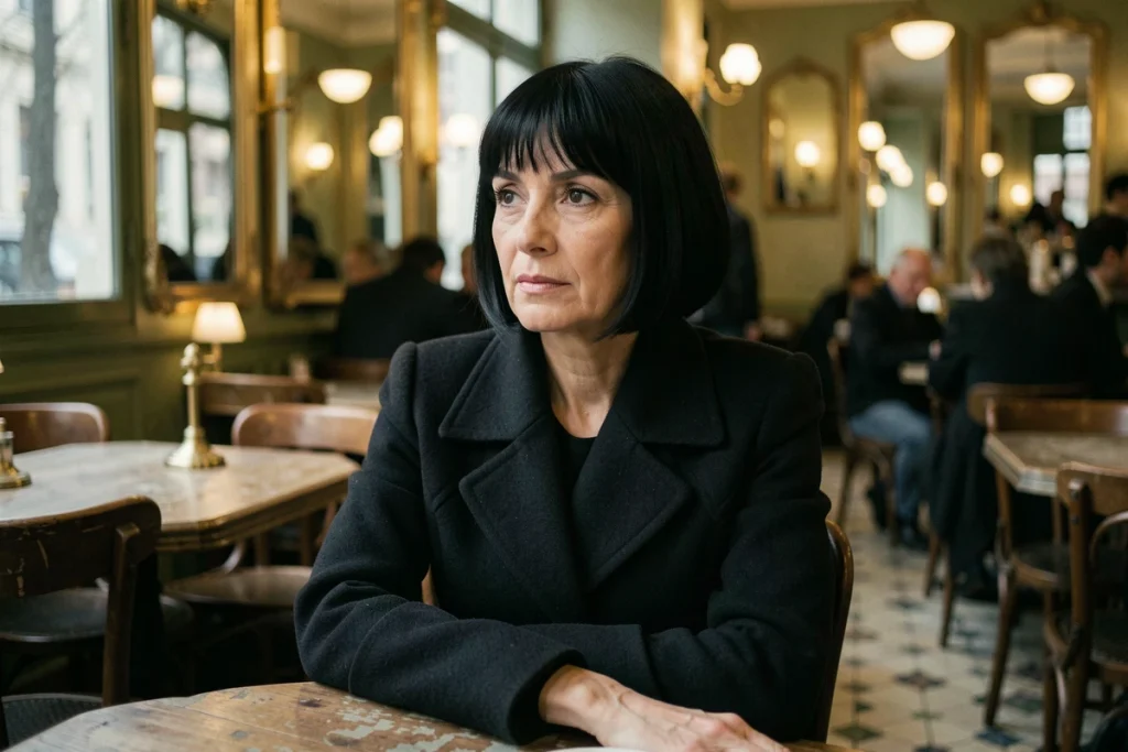 Femme élégante au style rétro années 80 dans un café parisien classique, référence à l'esthétique iconique de Niagara et Muriel Moreno