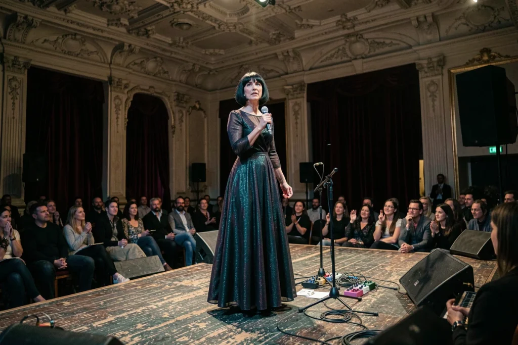 Chanteuse française sur scène dans une salle de concert historique, incarnant la longévité artistique et le charisme de Muriel Moreno après Niagara
