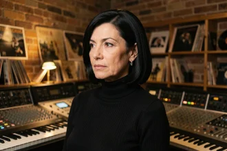 Femme mystérieuse aux cheveux noirs en studio d'enregistrement vintage à Paris, évoquant l'univers artistique de Muriel Moreno et Niagara