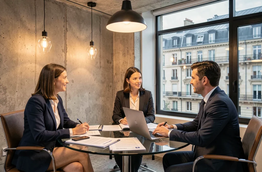 Cabinet MUSE AVOCATS à Lyon lors d'une réunion de droit des affaires avec des avocats et un client