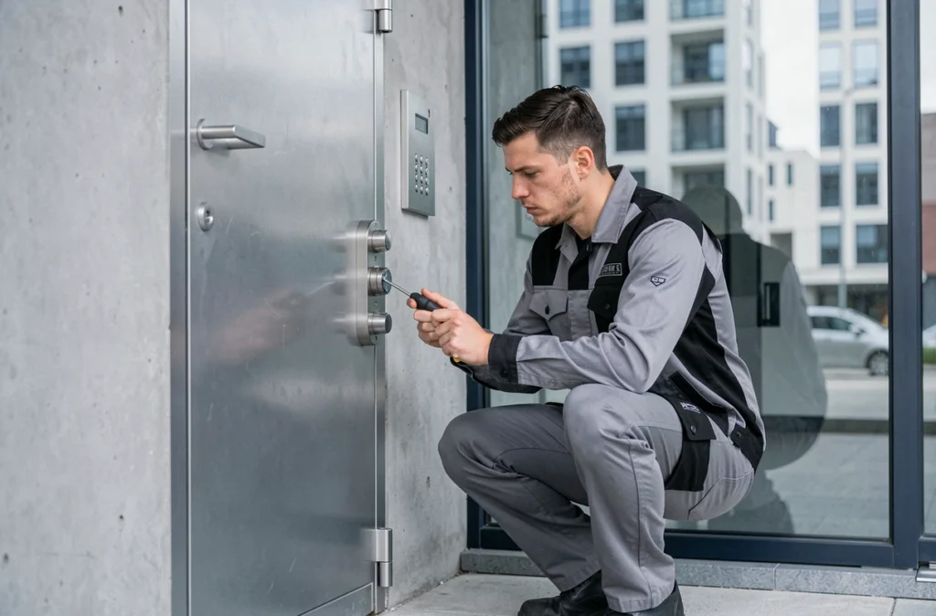 Technicien Optimlock inspectant un système de verrouillage multipoints sur une porte sécurisée