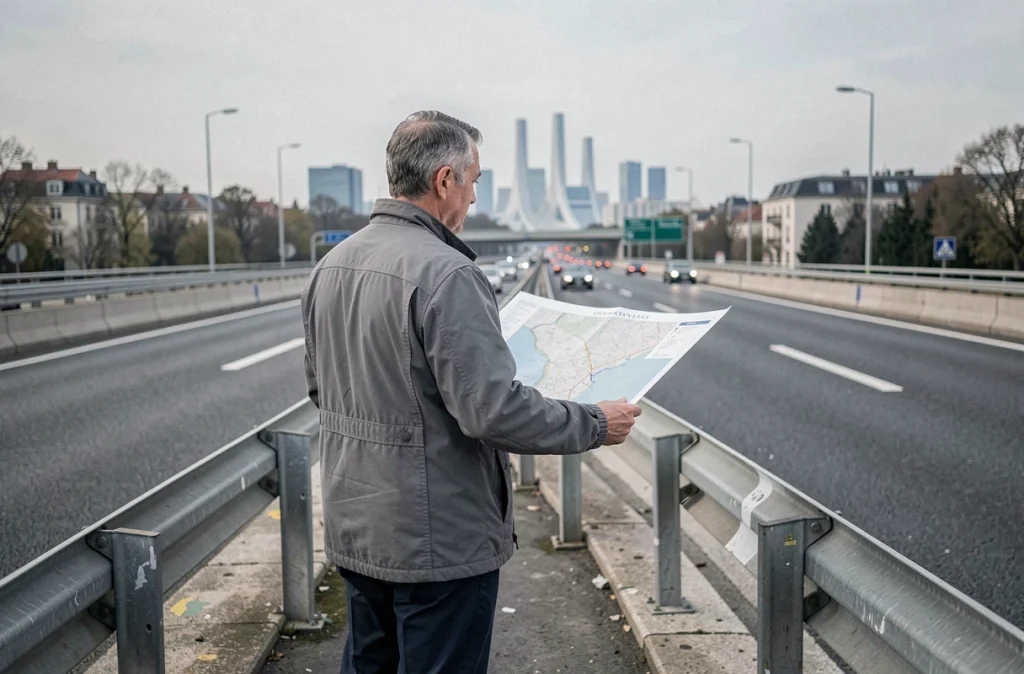 Urbaniste étudiant une carte au bord du périphérique parisien, limite entre Paris intra-muros et la banlieue