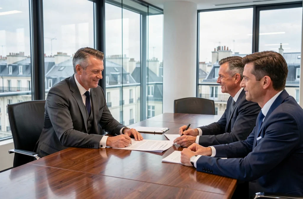 Avocat d'entreprise Pomelaw Avocats à Lyon en réunion sur un accord de fusion avec des dirigeants