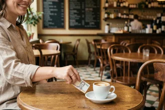 Jeune femme laissant un pourboire en espèces sur une table de café parisien, illustrant l'usage des tips au quotidien