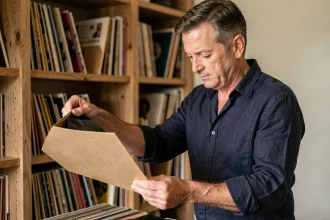 Homme rangeant soigneusement un disque vinyle dans sa pochette de protection dans une salle de musique avec étagères en bois