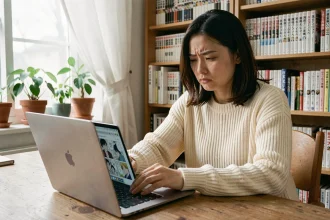 Jeune femme cherchant des scans de manga en français sur son ordinateur portable à son bureau