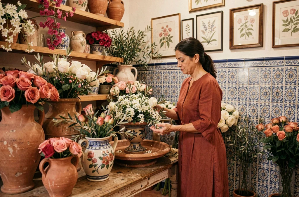 Boutique Rosalia à l'ambiance méditerranéenne avec des roses et des branches d'olivier dans des amphores en terre cuite et des carreaux de style mauresque