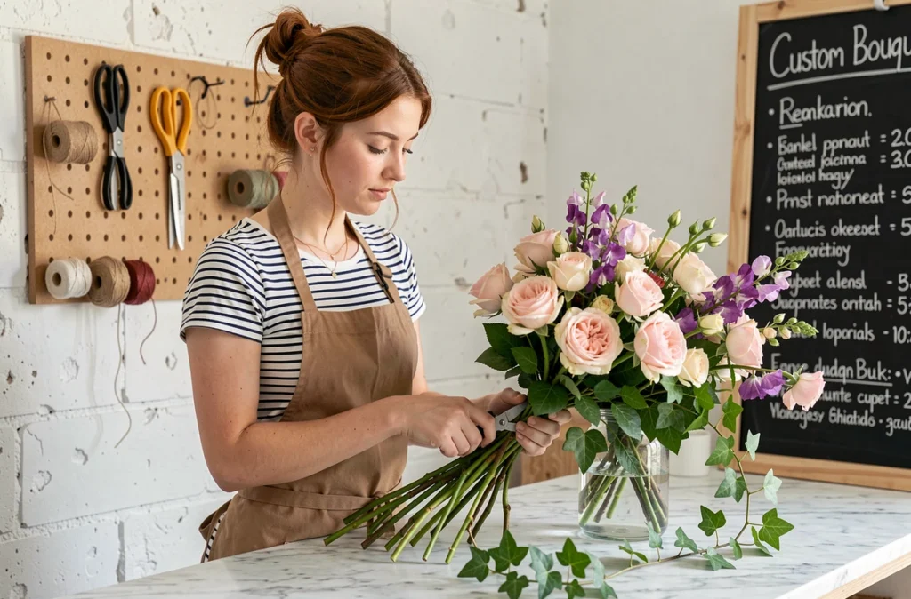 Sarah Ménager fleuriste taillant les tiges d'un bouquet de roses et de pois de senteur sur un comptoir en marbre blanc dans sa boutique au mur blanchi à la chaux