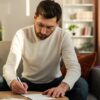 Serious man wearing glasses writing letter, notification, working with documents