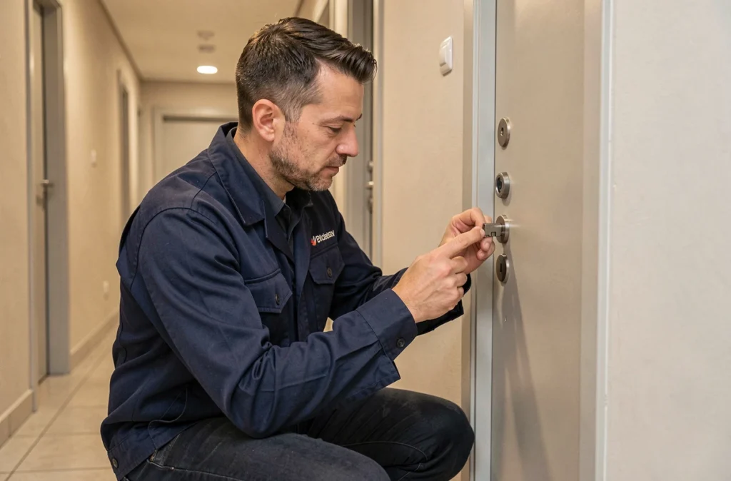 Technicien de la serrurerie Gadenne installant un cylindre sur une porte d'appartement