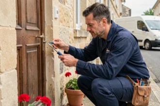 Serrurier professionnel en intervention devant une porte en bois d'une maison en Centre-Val de Loire