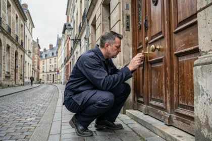 Serrurier professionnel examinant une serrure ancienne sur une porte en bois dans une rue pavée de Lille