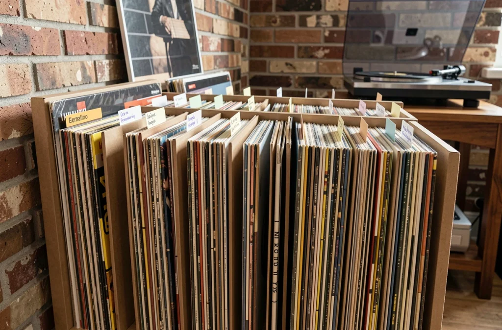 Rangement vertical de disques vinyles dans une caisse en bois avec séparateurs, dans un appartement moderne avec mur en briques