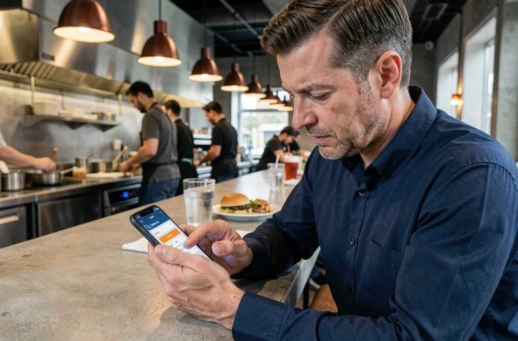 Homme consultant une invite de pourboire numérique sur son téléphone dans un diner américain moderne, représentant les usages des tips en anglais