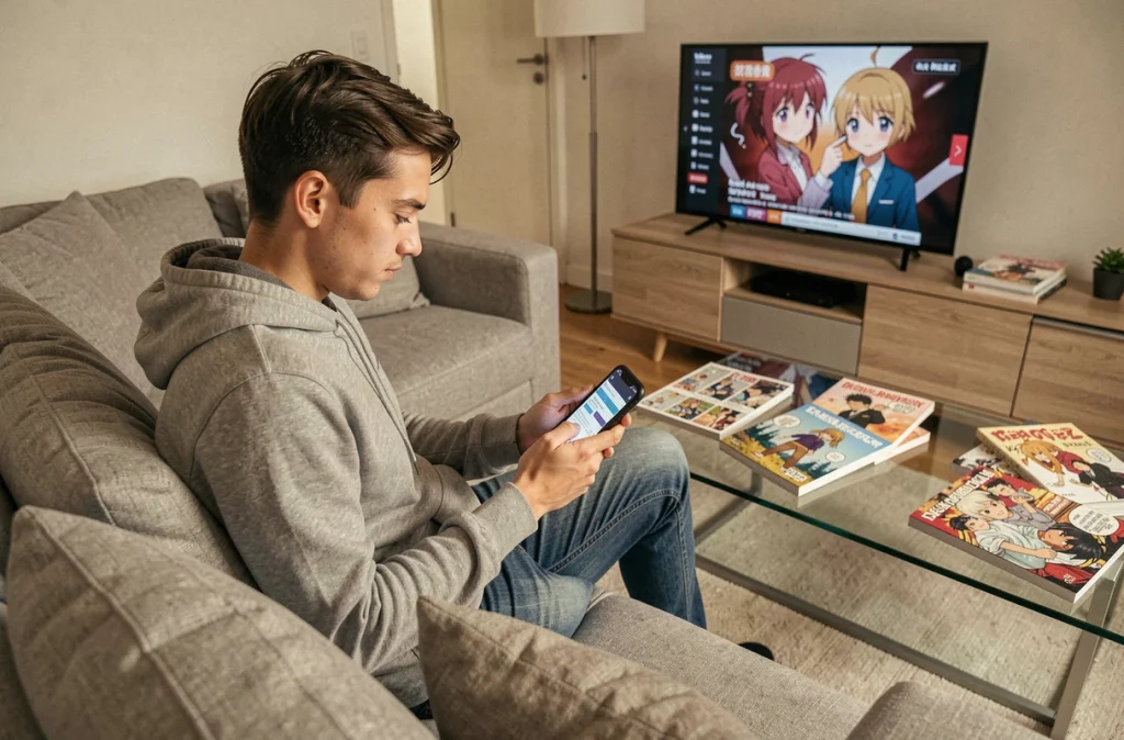 Jeune homme parcourant des sites alternatifs de scans manga français sur son smartphone dans son salon
